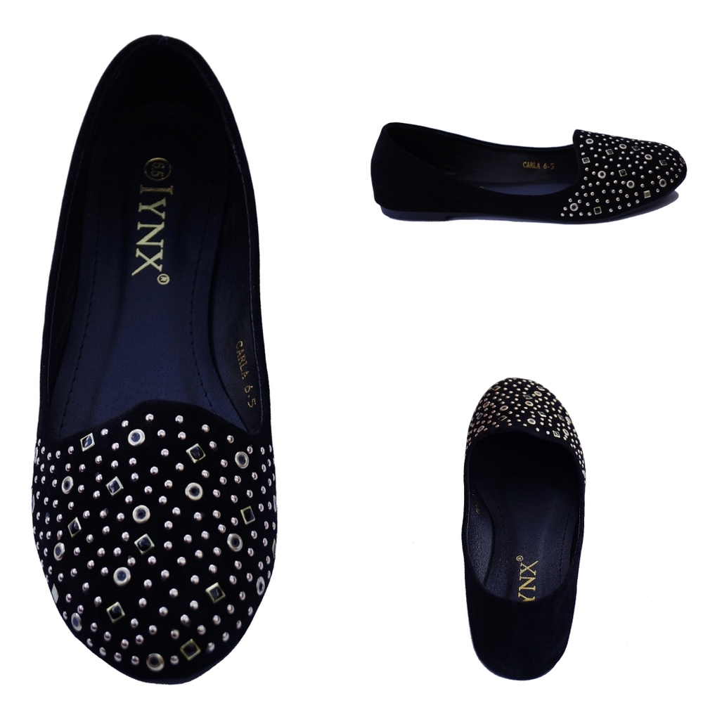 Black studded round closed toes flat shoes